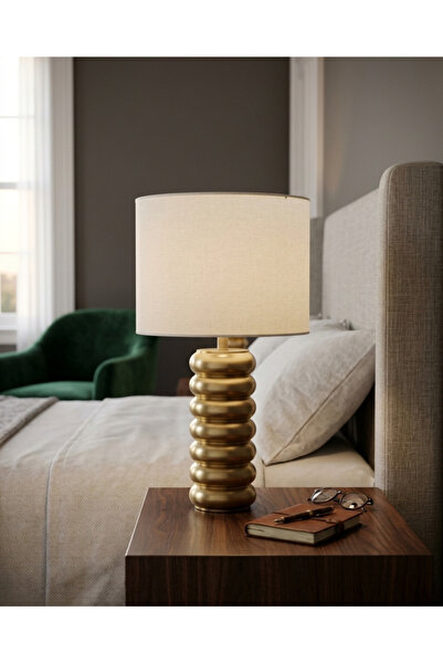 PLUS13 Modern Table Lamp with Scalloped Metal Base and Fabric Shade