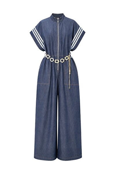HANIQA şerit detaylı fermuarlı denim tulum
