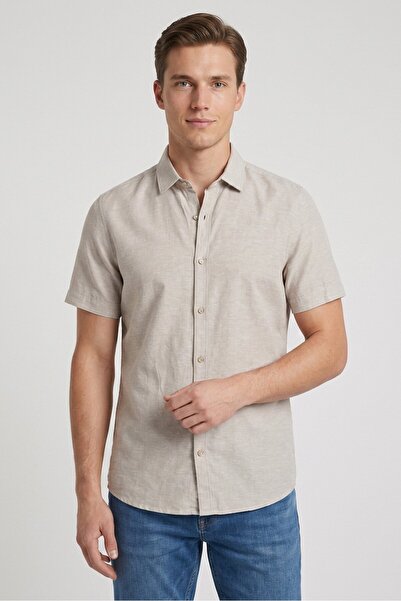 Bruno Men Regular Fit Plain Short Sleeve Casual Shirt, Beige