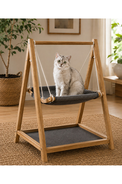Kedi Köpek Salıncağı – Ahşap, Minderli, Yıkanabilir Kumaşlı Evcil Hayvan Salıncak Yatağı