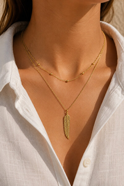 morbella Women's Necklace Gold Double Layered Leaf End Ball Detailed Elegant ...