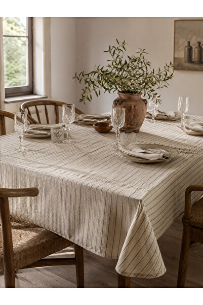 MAISON NAKSHATRA Dokuma Keten Çizgili Desenli Vintage Masa Örtüsü