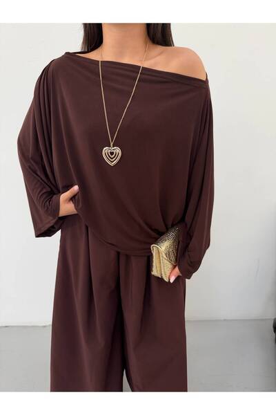 NEW JOURNAL Women's Brown Boat Neck Wide Sleeve Blouse Frv0228