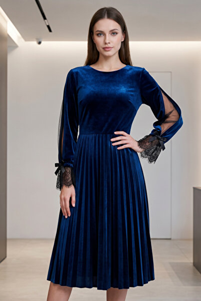 OEM Rochie dama midi din catifea plisata cu mansete din dantela si slit pe ma...