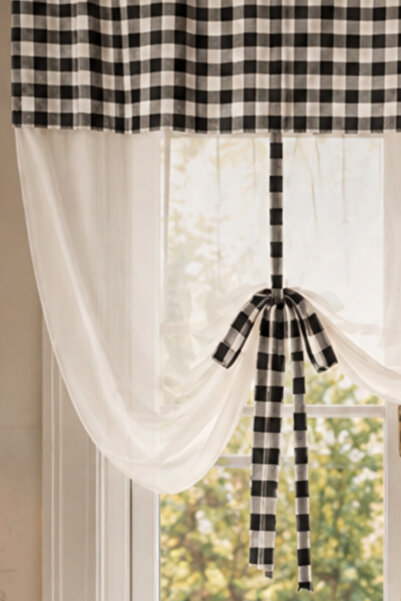 perde plus Pötikare, Plaid Patterned Kitchen Curtain – Natural Country Style Tulle Curtain, Rustic and Cornice Compatible