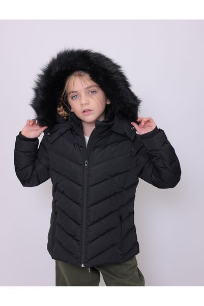 PIQUE Children's coat removable hooded plush detailed girl's coat