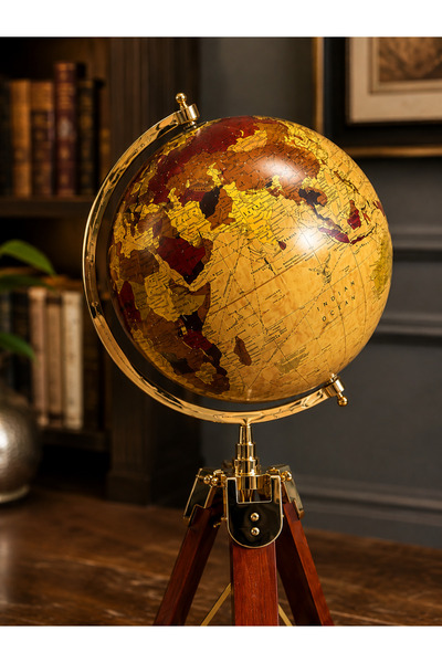 hediyeconcepti Ahşap Tripot Ayaklı Dekoratif Dünya Küre Modern Vintage Tasarım Şık Ev Ofis Dekorasyon Objesi