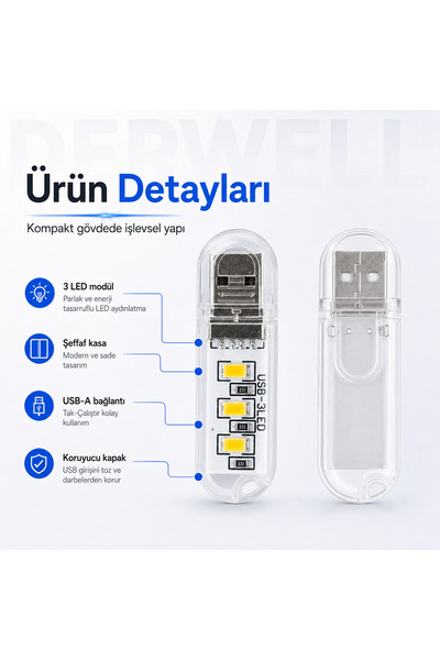 Derwell Mini USB LED Lamba 3 LEDli Taşınabilir Cep Boy Gece Lambası Şeffaf Koruyucu Kapaklı Tak Çalıştır Düşük Güç Tüketimi Yüksek Verim Beyaz Işık Powerbank Laptop Uyumlu Kamp Aydınlatması Stick LED Işık