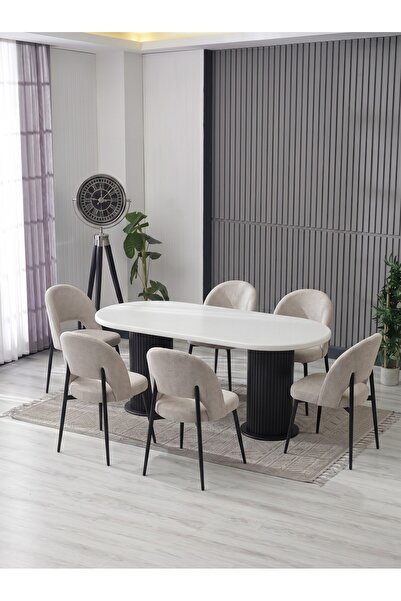 JoyMassa MERİ 90X180 BOHEM MASA - 6 ADET AY SANDALYE / KALVE KUMAŞ- MDF MASA