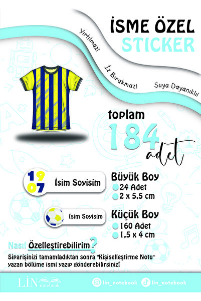 lin notebook Fb İsme Özel Sticker Kalem Defter Okul Etiketi, Sudan Etkilenmez...