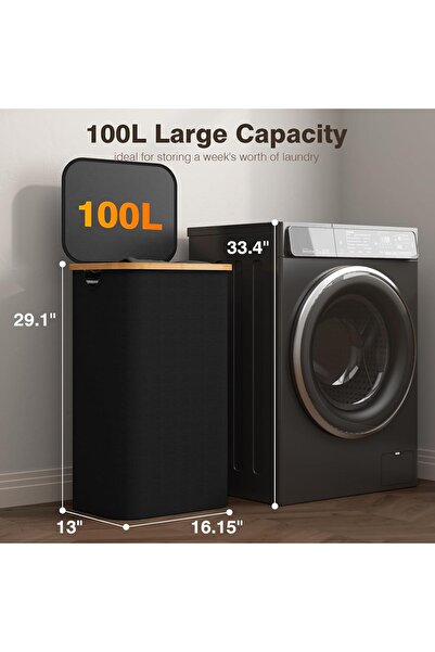 Viacare Coș de Rufe 100L cu Capac, Sac Interior Detașabil și Mânere din Bambus – Negru
