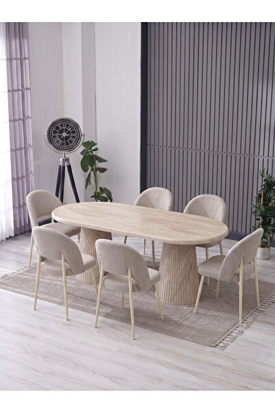 JoyMassa MERİ 90X180 BOHEM MASA - 6 ADET AY SANDALYE / KALVE KUMAŞ-MEBRAN MASA