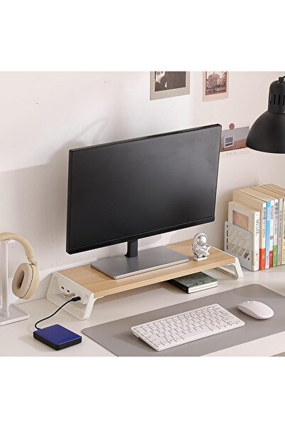Generic حامل شاشة مع منفذ USB، رف خشبي للمكتب بطول 21 بوصة، 4 منافذ USB 2.0، ...