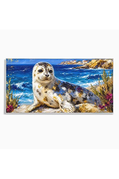 Luxcanva Tablou Canvas Foca Pe Tarm 120x60 cm cu Rama Argintiu Foca Mare Peisaj
