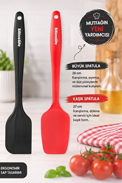 Silicolife 2’li Silikon Spatula Seti, Tek Parça Yapışmaz Pasta Krema Çikolata Karıştırma Sıyırma Spatula Seti