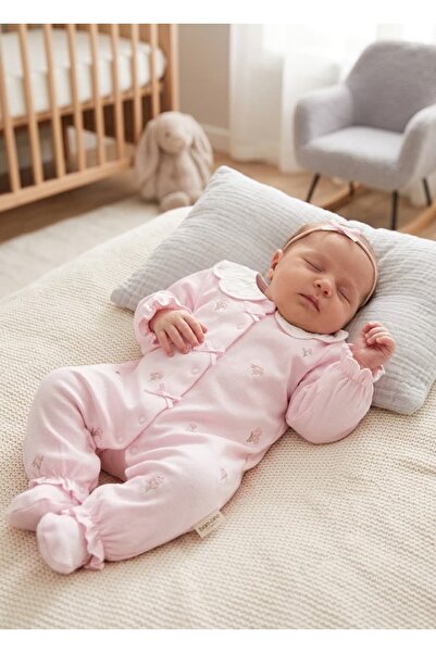 Valia Baby Çiçek Nakış Yakalı Kurdelalı %100 Pamuk Kız Bebek Tulum