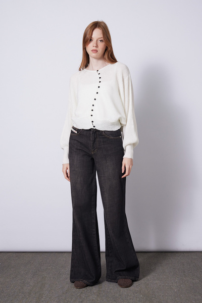 Nisan Asymmetric Buttoned Bat Sleeve Tricot Cardigan Ecru