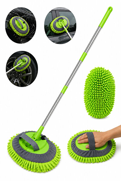 Qoala Home Yeşil Mikrofiber Araba Yıkama Fırçası 2'si 1 Arada Teleskopik Saplı Oto Mop + Yedek Bez Hediyeli