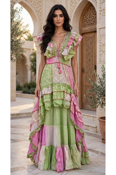 IKKXA Tiered Metallic V Neck Maxi Jalabiya
