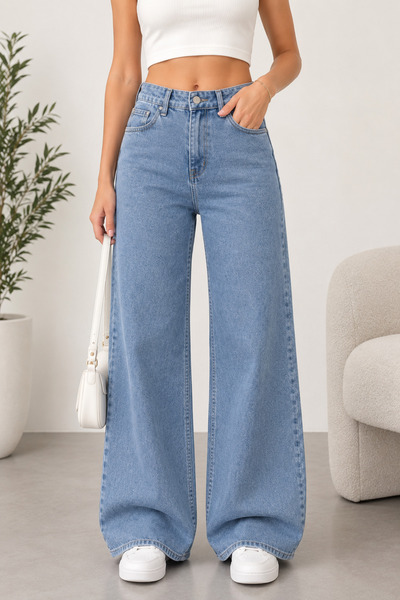 Kadın Açık Mavi Yüksek Bel Wide Leg Straight Fit Bol Paça Palazzo Likralı Kar Yıkamalı Jean Pantolon