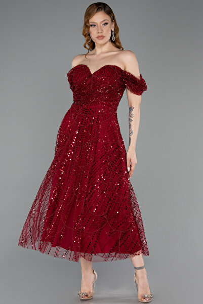 Abiyefon Bordo Kayık Yaka Midi Boncuklu Gece Elbisesi ABK2594