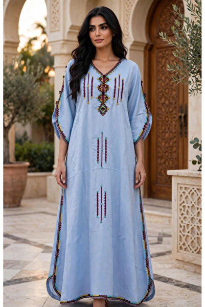 IKKXA Tribal Embroidered Kaftan Style V Neck Jalabiya