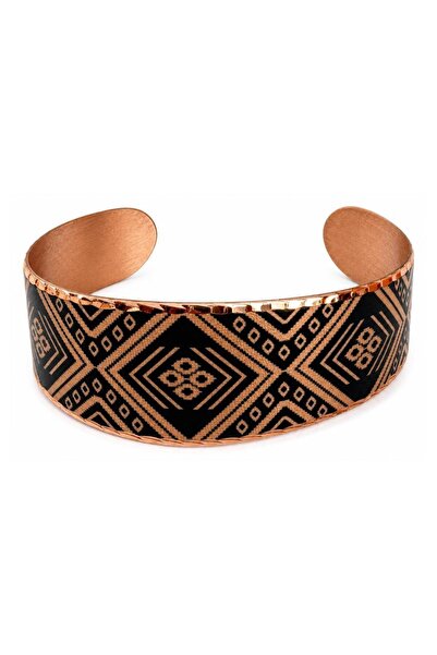 Erol Bakır Blue and White Geometric Wide Form Thick Copper Bracelet, Hand-Emb...
