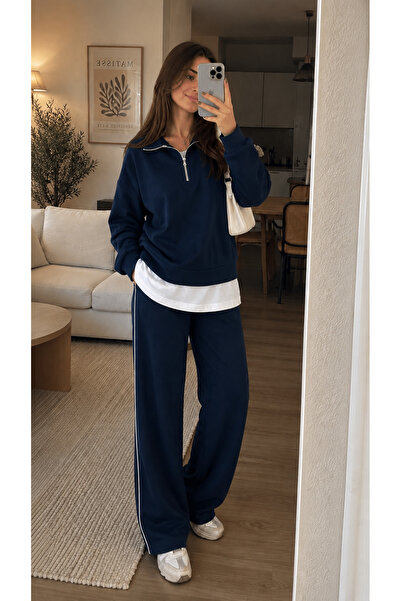 Sovia Women's Zippered Collar Modal Fabric Double Suit with Piping and Trimmi...
