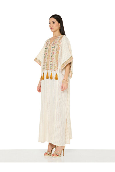 Thouq By Styli Beige Embroidered Tassel Details Batwing Sleeves Jalabiya