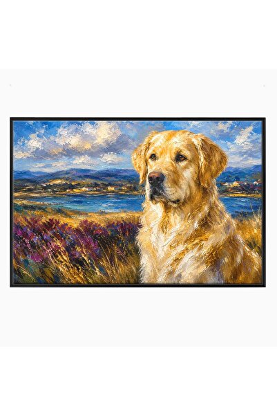 Luxcanva Tablou Canvas Golden Retriever in Peisaj 100x70 cm cu Rama Negru Gol...