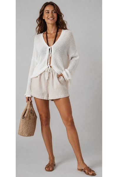AÇELYA TEKSTİL Front-Tie Short Cardigan
