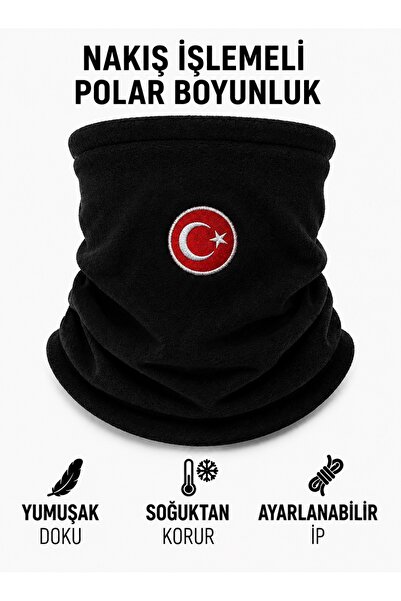 ARTHUR Siyah Termal Polar Türk Bayrağı Nakış İşlemeli Boyunluk Unisex Pamuklu Kışlık Ayarlanabilir İpli Bere