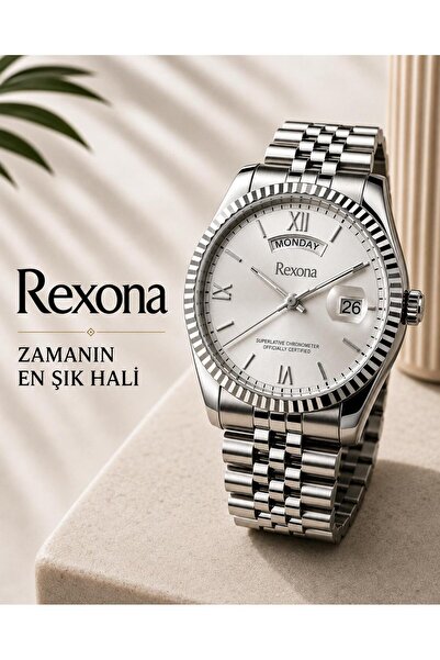 Rexona Erkek Kol Saati – Beyaz Kadran Çelik Kordon 42 mm Takvim Göstergeli