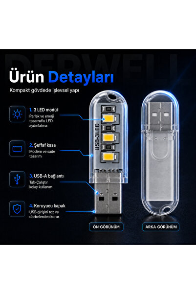Derwell Yeni 2026 Kompakt Mini USB LED Aydınlatma Taşınabilir Masa Lambası 3 LED SMD Parlak Beyaz Işık Laptop PC Powerbank Uyumlu Şeffaf Gövde Koruyucu Kapaklı Kitap Okuma Kamp Gece Lambası Dayanıklı