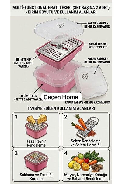 ÇEÇEN HOME Kitchen Grater with Lid and Bowl 1.6 Lt - Stainless Steel Dual Sur...