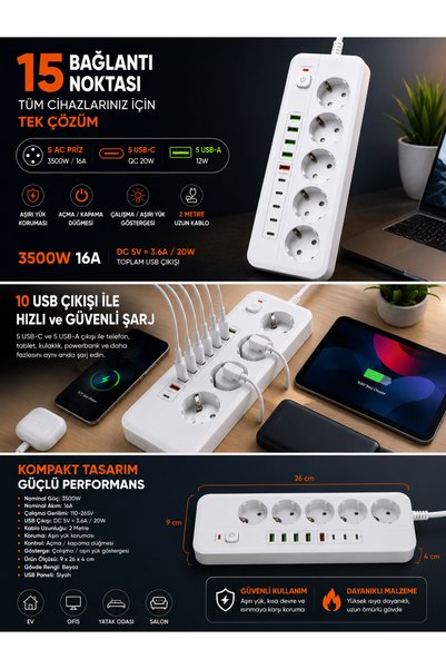 Aırstorr 5’li Akım Korumalı Çoklu Priz – 5 USB-C + 5 USB-A | 3500W 16A | 2 Metre Kablolu
