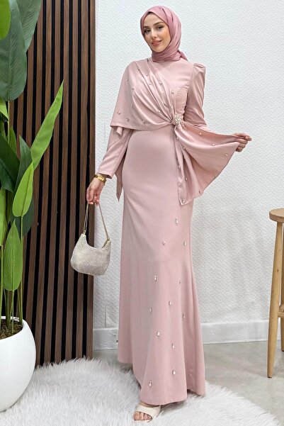 GİYZAMİLA Çiçeğim Krep Abiye Soft Pembe