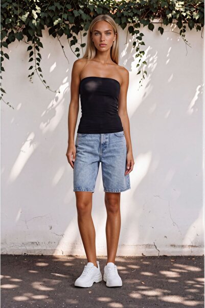 wivaro Kadın Oversize / Rahat Kesim Açık Mavi Denim Bermuda Şort