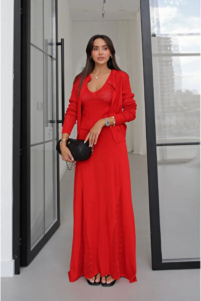 My Blog Red Openwork Knitwear Cardigan Blouse Skirt Set - 70021
