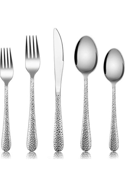 GENERAL E-far Silverware Set for 12, 60-Piece Hammered Flatware Cutlery Set, ...