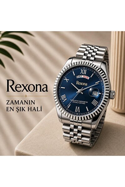 Rexona Men's Wristwatch – Navy Blue Dial Steel Band 42 mm with Calendar Display