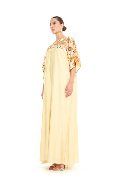 Thouq By Styli Cream A-Line Maxi Jalabiya with Floral Embroidery
