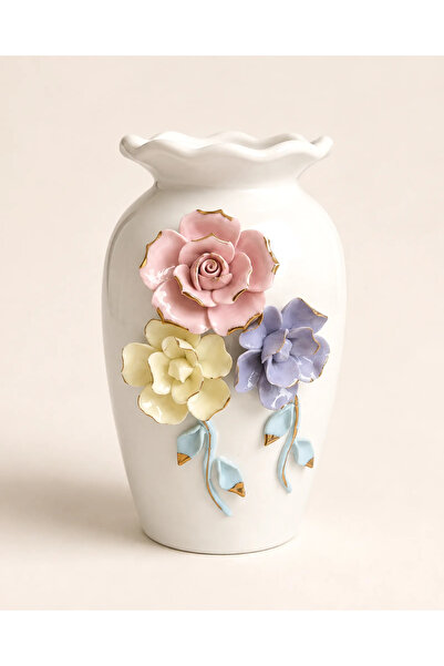 Mary's Concept Renkli Çiçek Kabartmalı Dekoratif Porselen Vazo 23 cm