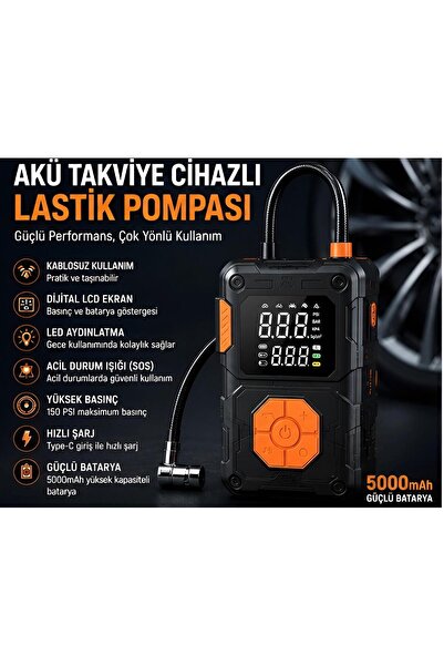 KOCH TECH Akıllı Dijital Taşınabilir Lastik Hava Pompası 5000 mAh LCD Ekranlı...