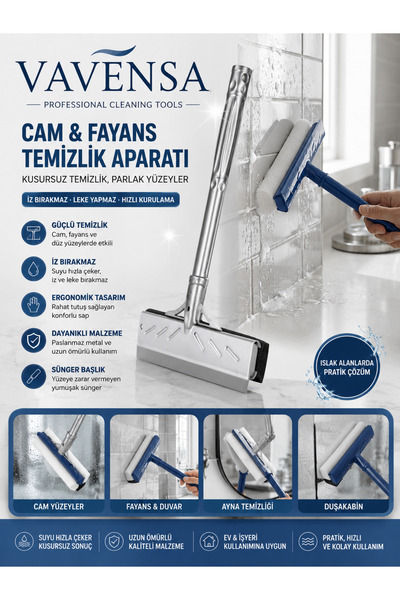 VAVENSA Süngerli Cam Silme Aparatı Cam Fayans Duşakabin Temizleme Çekçek