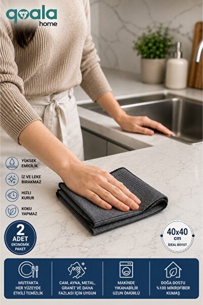 Qoala Home 2 Adet Mikrofiber Temizlik Bezi 40x40 cm Gri Mutfak Bezi ve Temizlik Bezi