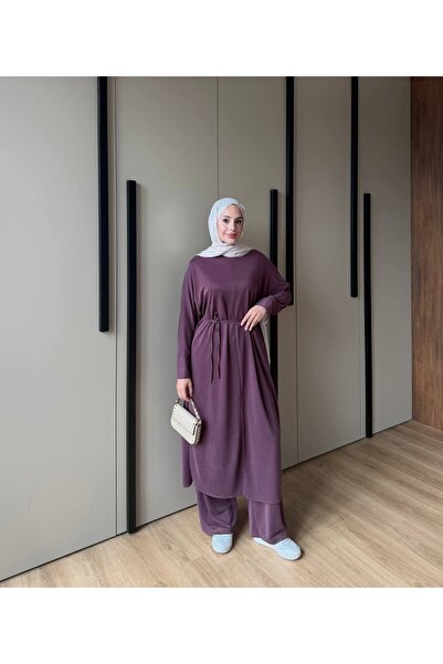 ankanoor طقم بنطلون تونيك بحزام وشق جانبي من قماش البيكيه ANKA261059