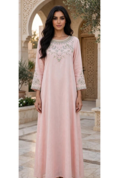IKKXA Floral Vines Embroidered Scoop Neck Maxi Jalabiya