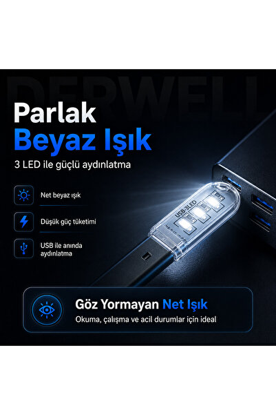 Derwell Yeni 2026 Kompakt Mini USB LED Aydınlatma Taşınabilir Masa Lambası 3 LED SMD Parlak Beyaz Işık Laptop PC Powerbank Uyumlu Şeffaf Gövde Koruyucu Kapaklı Kitap Okuma Kamp Gece Lambası Dayanıklı