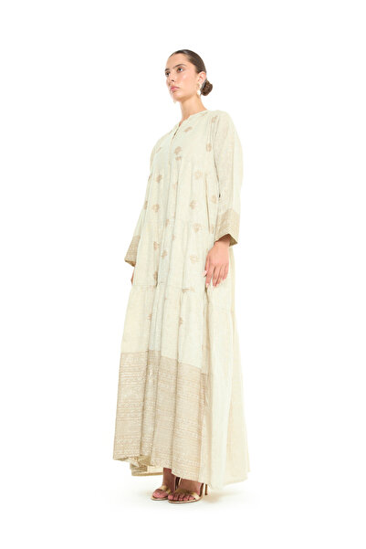 Thouq By Styli Beige Embroidered A-Line Maxi Jalabiya